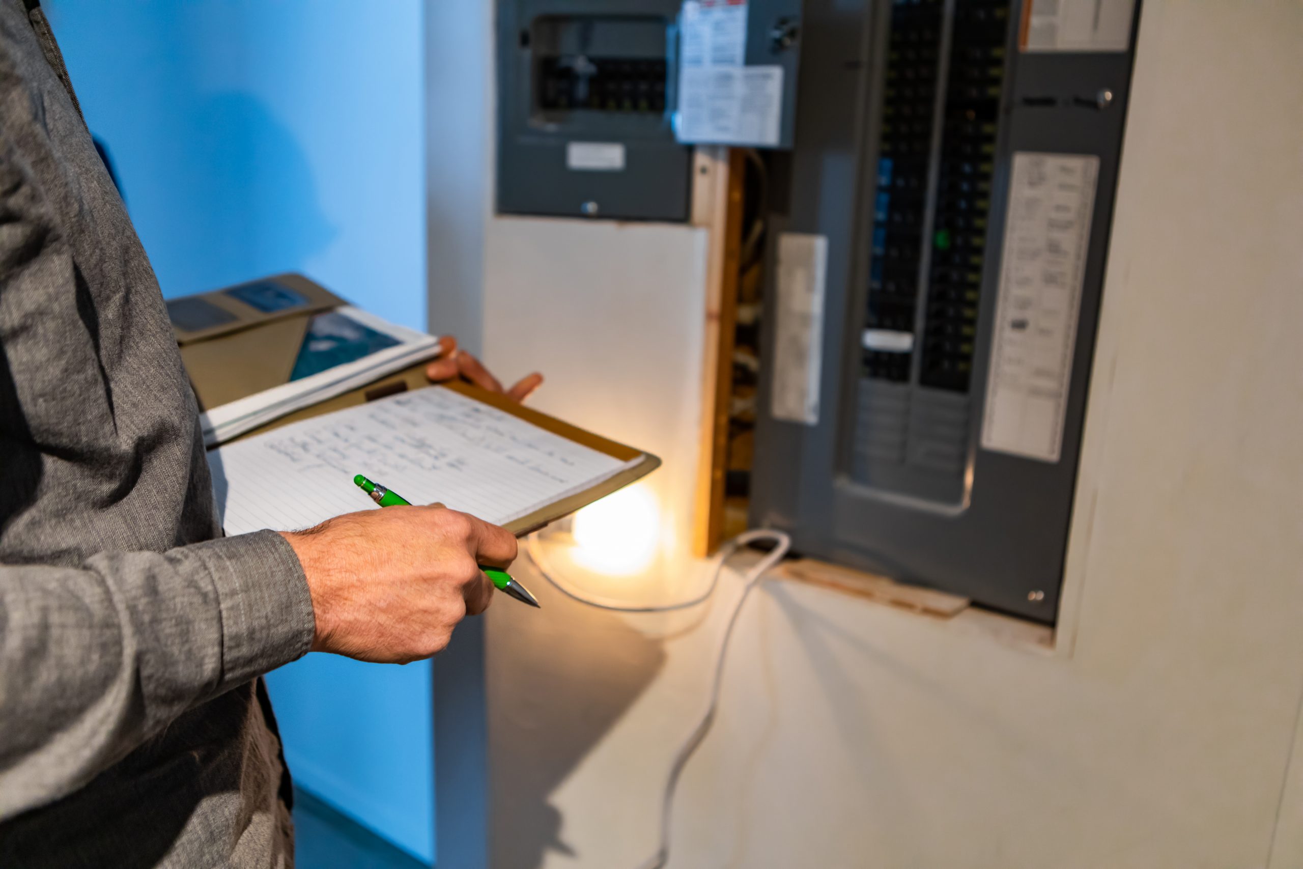 home inspector in front of electric distribution board during inspection selective focus and close up on mans hands as he holding notebook and pen valmedia scaled